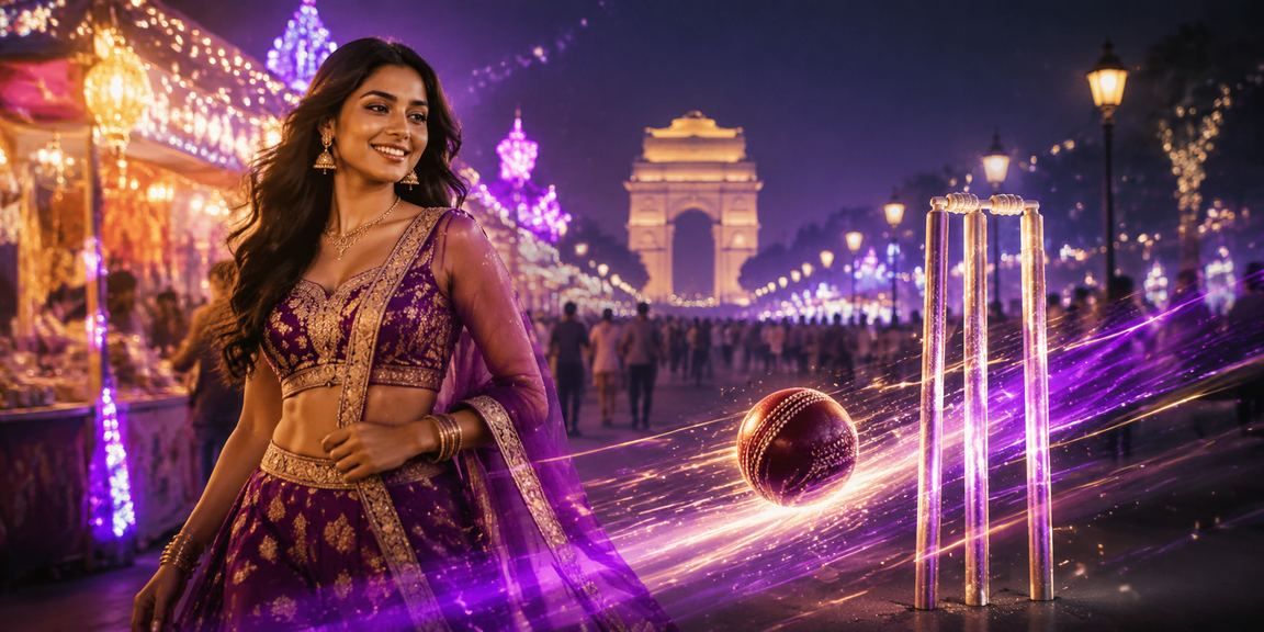 Excited player enjoying online cricket betting near India Gate at night