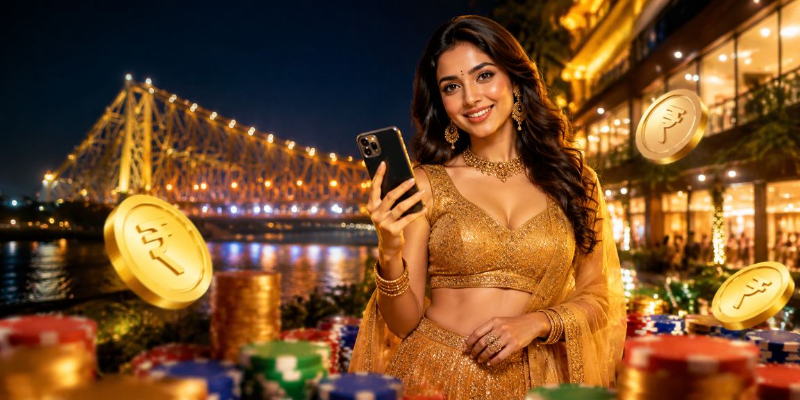 Indian woman playing Andar Bahar on a mobile app in Kolkata
